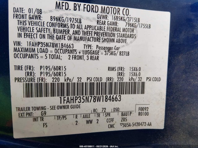45186911 :رقم المزاد ، 1FAHP35N78W184663 vin ، 2008 Ford Focus Se/ses مزاد بيع