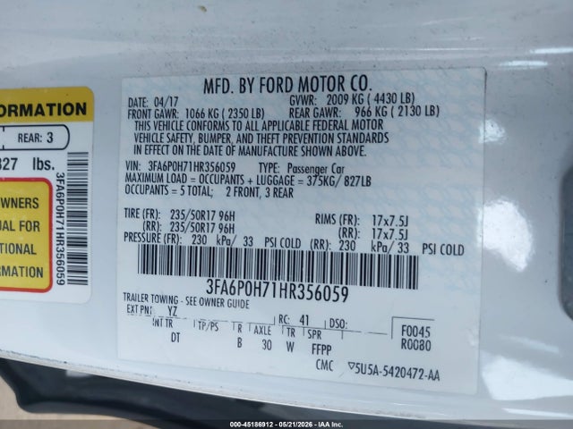 Ford FUSION SE 2017 3FA6P0H71HR356059 Image 9