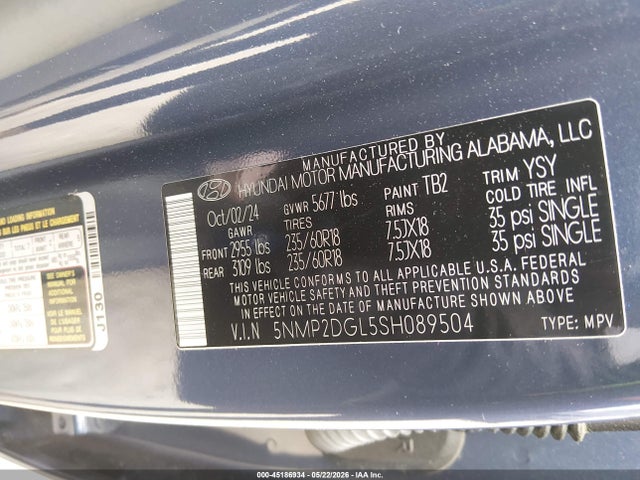 2025 Hyundai Santa Fe Sel მანქანა იყიდება აუქციონზე, vin: 5NMP2DGL5SH089504, აუქციონის ნომერი: 45186934