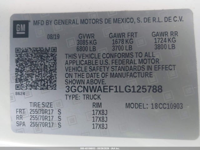 45186933 :رقم المزاد ، 3GCNWAEF1LG125788 vin ، 2020 Chevrolet Silverado 1500 2wd  Long Bed Wt مزاد بيع