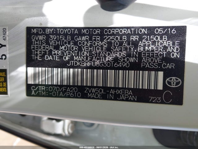 Toyota Prius Two 2016 JTDKBRFU8G3016490 Image 9
