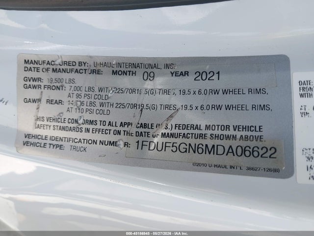 45186945 :رقم المزاد ، 1FDUF5GN6MDA06622 vin ، 2021 Ford F-550 Chassis Xl مزاد بيع