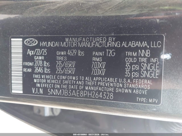 Aukcja sprzedaży 2023 Hyundai Tucson Sel, vin: 5NMJB3AE8PH264328, numer aukcji: 45186964