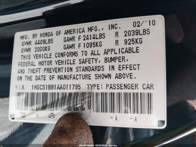2010 Honda Accord 2.4 Ex-l მანქანა იყიდება აუქციონზე, vin: 1HGCS1B81AA011795, აუქციონის ნომერი: 45186965