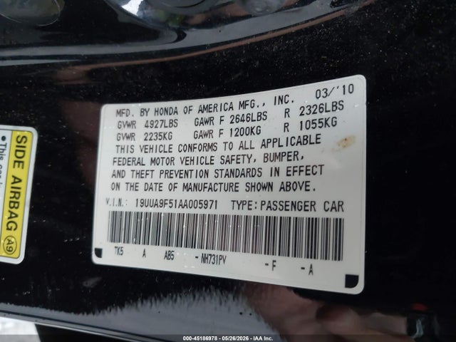 2010 Acura Tl 3.7 მანქანა იყიდება აუქციონზე, vin: 19UUA9F51AA005971, აუქციონის ნომერი: 45186978