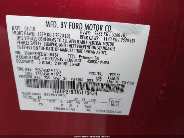 45186980 :رقم المزاد ، 1FAHP2F83JG110434 vin ، 2018 Ford Taurus Limited مزاد بيع