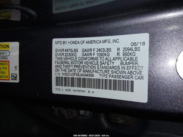 Aukcja sprzedaży 2018 Honda Accord Ex-l 2.0t, vin: 1HGCV2F69JA044596, numer aukcji: 45186982