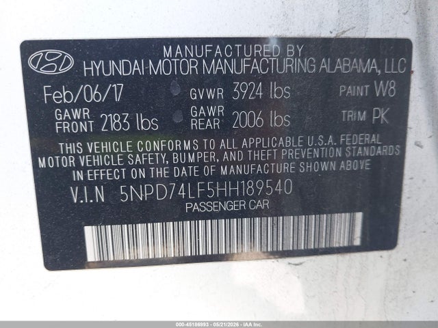 2017 Hyundai Elantra Se მანქანა იყიდება აუქციონზე, vin: 5NPD74LF5HH189540, აუქციონის ნომერი: 45186993