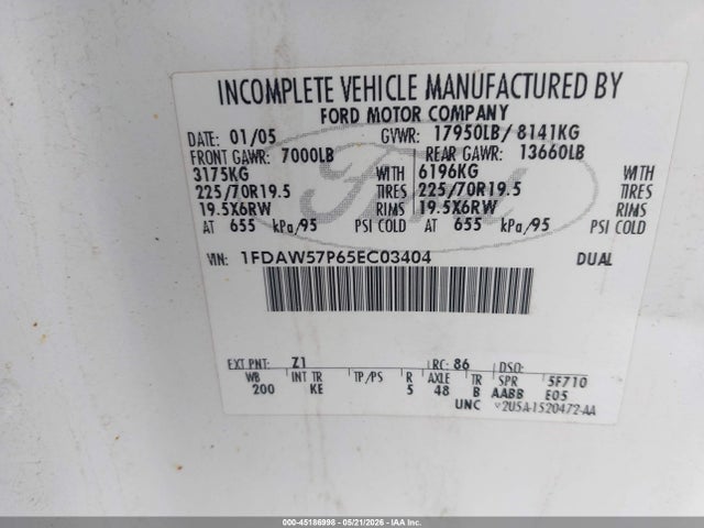 Aukcja sprzedaży 2005 Ford F-550 Lariat/xl/xlt, vin: 1FDAW57P65EC03404, numer aukcji: 45186998