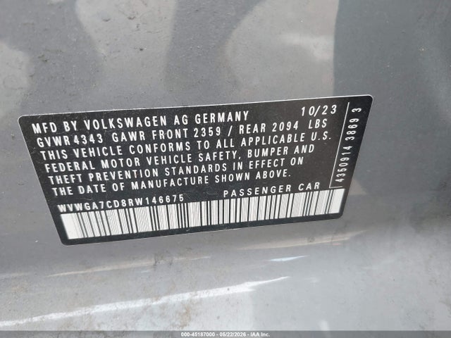 Aukcja sprzedaży 2024 Volkswagen Golf Gti 2.0t S, vin: WVWGA7CD8RW146675, numer aukcji: 45187000