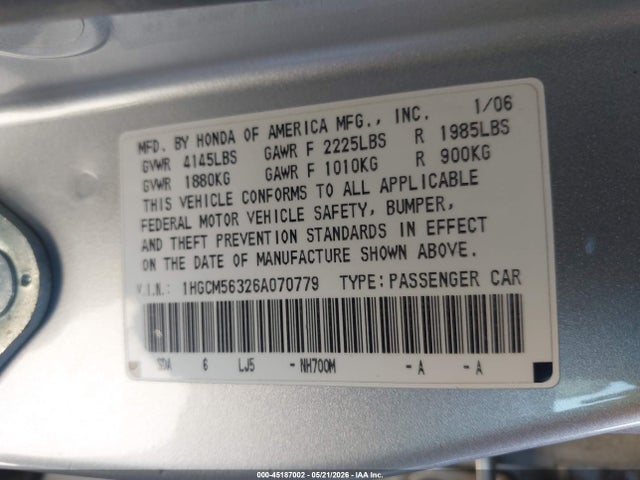 45187002 :رقم المزاد ، 1HGCM56326A070779 vin ، 2006 Honda Accord 2.4 Se مزاد بيع