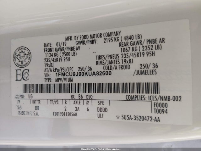 2019 Ford Escape Titanium მანქანა იყიდება აუქციონზე, vin: 1FMCU9J90KUA82600, აუქციონის ნომერი: 45187007