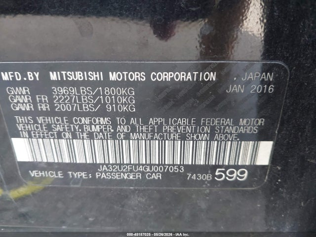 Продаж на аукціоні авто 2016 Mitsubishi Lancer Es, vin: JA32U2FU4GU007053, номер лоту: 45187025