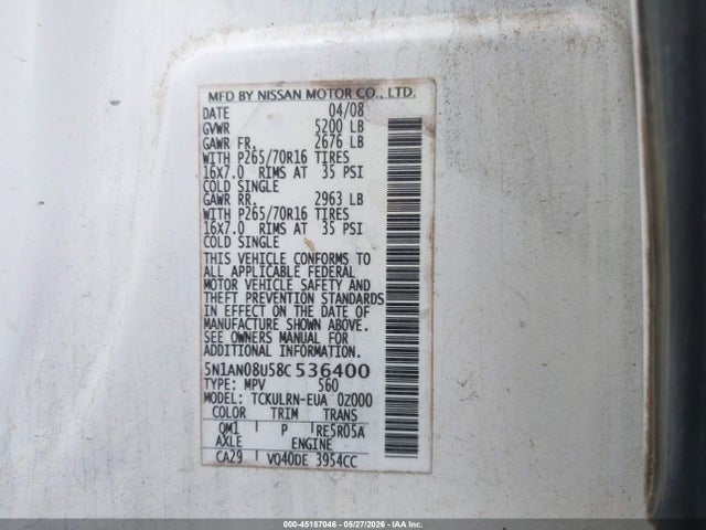 45187046 :رقم المزاد ، 5N1AN08U58C536400 vin ، 2008 Nissan Xterra S مزاد بيع