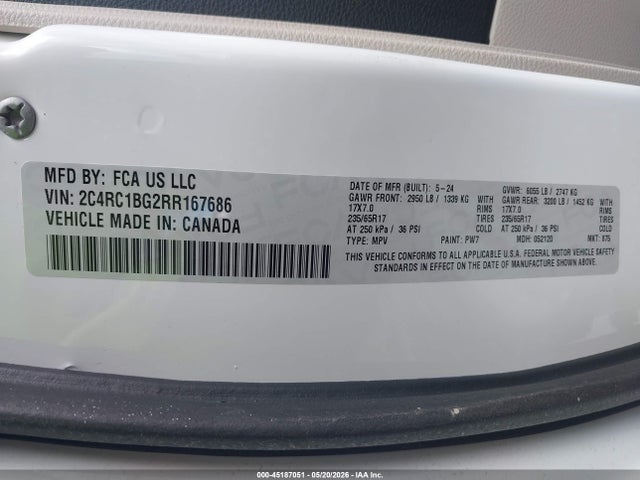 45187051 :رقم المزاد ، 2C4RC1BG2RR167686 vin ، 2024 Chrysler Pacifica Touring L مزاد بيع