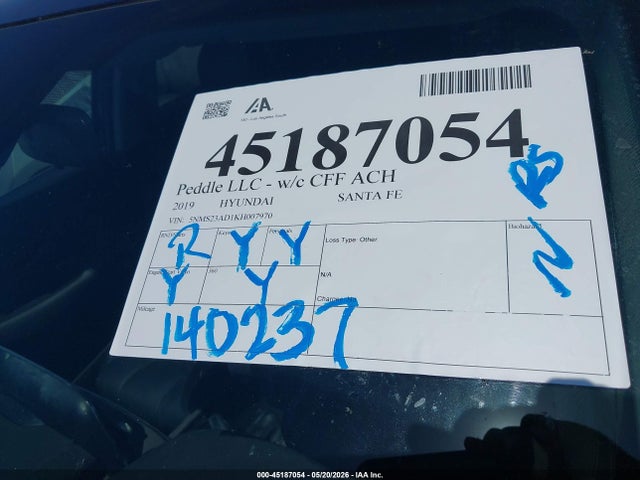45187054 :رقم المزاد ، 5NMS23AD1KH007970 vin ، 2019 Hyundai Santa Fe Se مزاد بيع