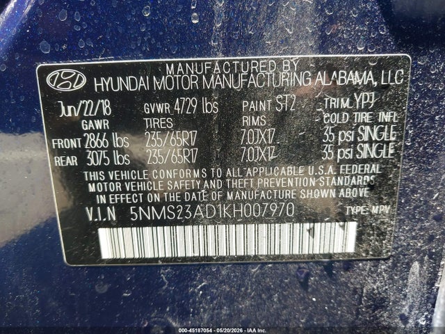 45187054 :رقم المزاد ، 5NMS23AD1KH007970 vin ، 2019 Hyundai Santa Fe Se مزاد بيع