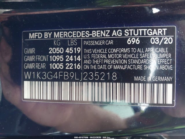 45187056 :رقم المزاد ، W1K3G4FB9LJ235218 vin ، 2020 Mercedes-benz A 220 4matic مزاد بيع