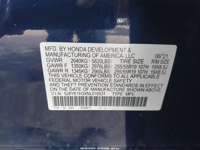 45187079 :رقم المزاد ، 5J8YE1H3XNL016531 vin ، 2022 Acura Mdx Standard مزاد بيع
