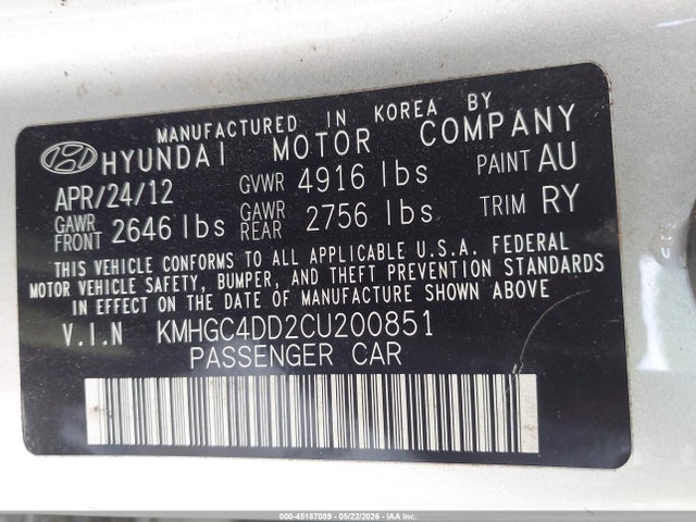 Aukcja sprzedaży 2012 Hyundai Genesis 3.8, vin: KMHGC4DD2CU200851, numer aukcji: 45187089
