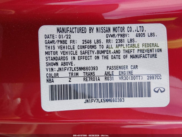 JN1FV7LK5NM660393 Infiniti Q60 Red Sport 400