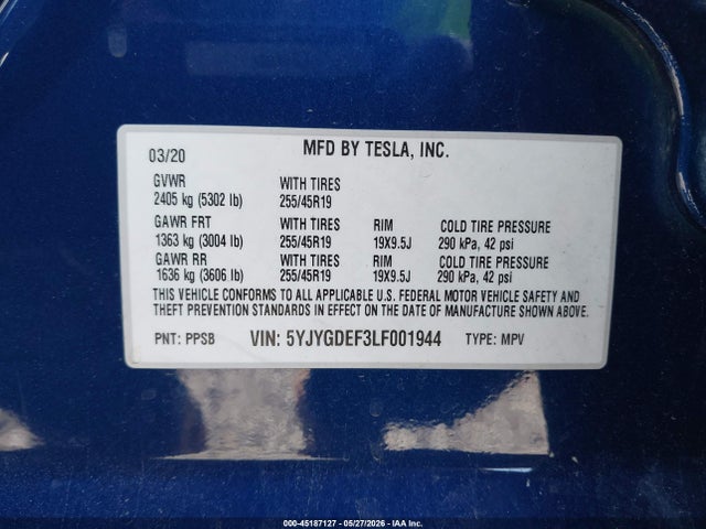45187127 :رقم المزاد ، 5YJYGDEF3LF001944 vin ، 2020 Tesla Model Y Long Range Dual Motor All-wheel Drive/performance Dual Motor All-wheel Drive مزاد بيع