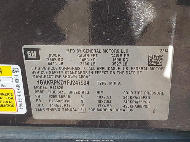 Aukcja sprzedaży 2015 Gmc Acadia Sle-2, vin: 1GKKRPKD1FJ247994, numer aukcji: 45187131