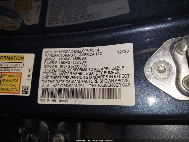 Продажа на аукционе авто 2024 Honda Accord Hybrid Ex-l, vin: 1HGCY2F6XRA031052, номер лота: 45187135