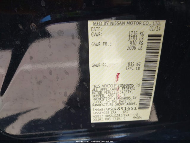 2014 Nissan Sentra Fe+ S/fe+ Sv/s/sl/sr/sv მანქანა იყიდება აუქციონზე, vin: 1N4AB7AP5EN851651, აუქციონის ნომერი: 45187137