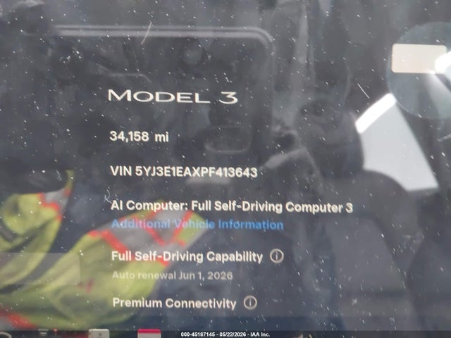 2023 Tesla Model 3 Rear-wheel Drive მანქანა იყიდება აუქციონზე, vin: 5YJ3E1EAXPF413643, აუქციონის ნომერი: 45187145
