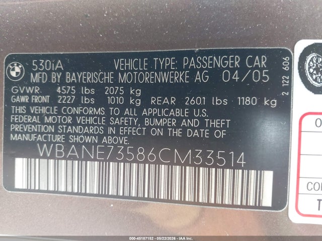 2006 Bmw 530i მანქანა იყიდება აუქციონზე, vin: WBANE73586CM33514, აუქციონის ნომერი: 45187152