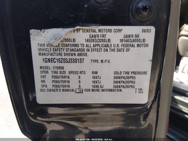 Продаж на аукціоні авто 2003 Chevrolet Suburban 1500 Lt, vin: 1GNEC16Z03J330137, номер лоту: 45187166