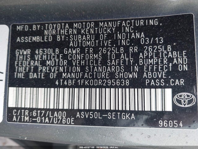 Aukcja sprzedaży 2013 Toyota Camry Xle, vin: 4T4BF1FK0DR295638, numer aukcji: 45187169