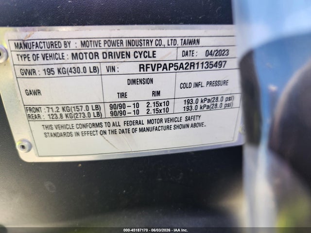 45187170 :رقم المزاد ، RFVPAP5A2R1135497 vin ، 2024 Genuine Scooter Co. Buddy 50 مزاد بيع