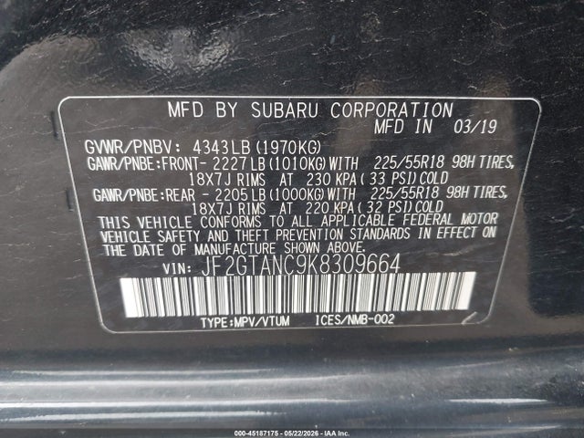 Aukcja sprzedaży 2019 Subaru Crosstrek 2.0i Limited, vin: JF2GTANC9K8309664, numer aukcji: 45187175