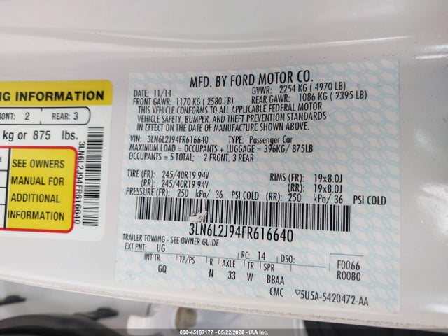Продаж на аукціоні авто 2015 Lincoln Mkz, vin: 3LN6L2J94FR616640, номер лоту: 45187177