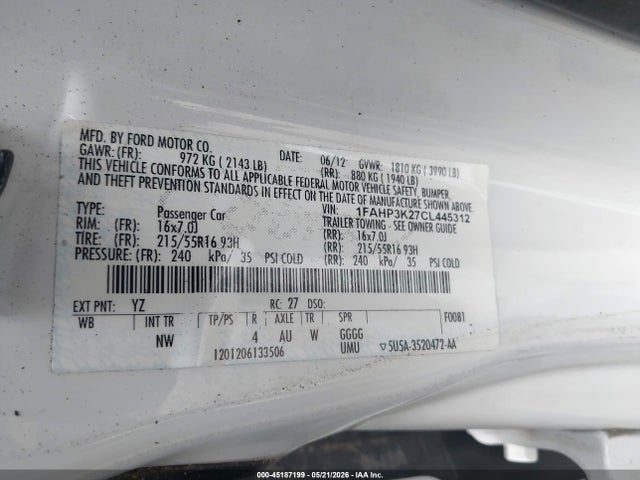 Aukcja sprzedaży 2012 Ford Focus Se, vin: 1FAHP3K27CL445312, numer aukcji: 45187199