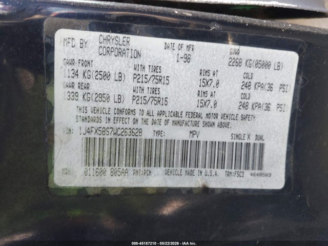 1998 Jeep Grand Cherokee Laredo მანქანა იყიდება აუქციონზე, vin: 1J4FX58S7WC263628, აუქციონის ნომერი: 45187210