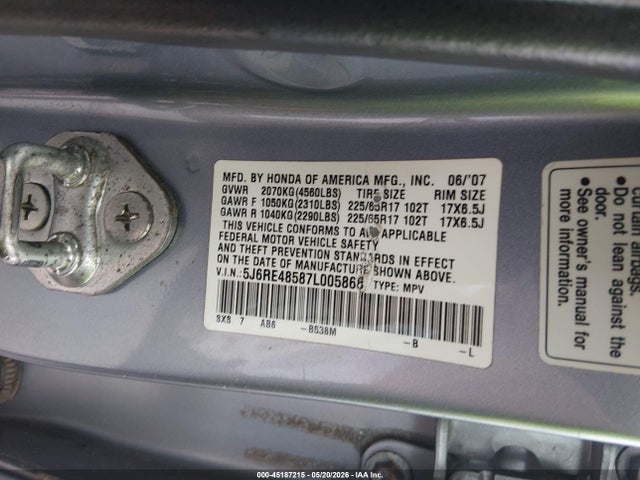 Продаж на аукціоні авто 2007 Honda Cr-v Ex, vin: 5J6RE48587L005868, номер лоту: 45187215