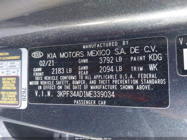Aukcja sprzedaży 2021 Kia Forte Gt-line, vin: 3KPF34AD1ME339034, numer aukcji: 45187223