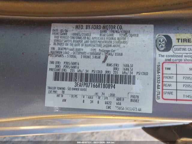 Aukcja sprzedaży 2006 Ford Fusion Se, vin: 3FAFP07166R180894, numer aukcji: 45187231