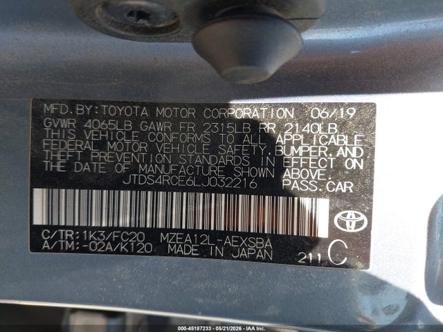 45187233 :رقم المزاد ، JTDS4RCE6LJ032216 vin ، 2020 Toyota Corolla Se مزاد بيع