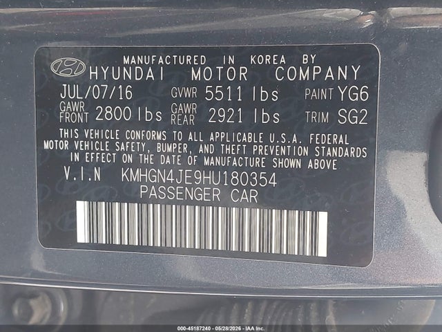 2017 Genesis G80 3.8 მანქანა იყიდება აუქციონზე, vin: KMHGN4JE9HU180354, აუქციონის ნომერი: 45187240