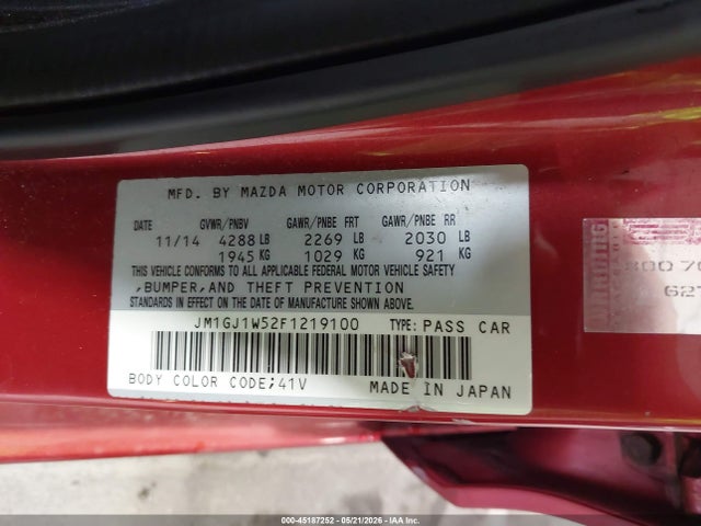 Auction sale of the 2015 Mazda Mazda6 I Grand Touring, vin: JM1GJ1W52F1219100, lot number: 45187252