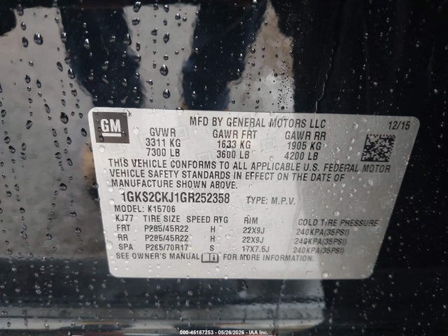Aukcja sprzedaży 2016 Gmc Yukon Denali, vin: 1GKS2CKJ1GR252358, numer aukcji: 45187253