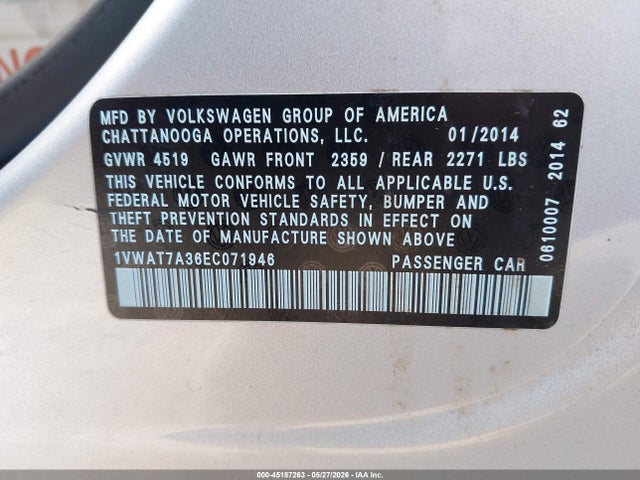 Продаж на аукціоні авто 2014 Volkswagen Passat 1.8t Wolfsburg Edition, vin: 1VWAT7A36EC071946, номер лоту: 45187263