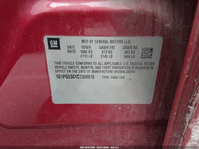 45187268 :رقم المزاد ، 1G1PG5SC6C7366919 vin ، 2012 Chevrolet Cruze 2lt مزاد بيع
