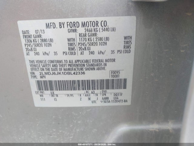 Продаж на аукціоні авто 2013 Lincoln Mkx, vin: 2LMDJ6JK1DBL42336, номер лоту: 45187271