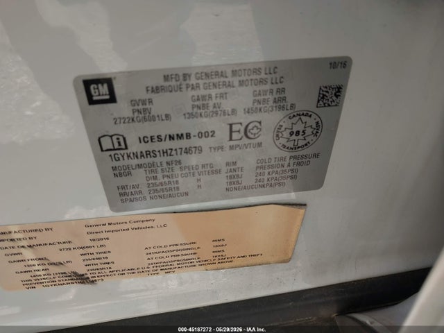2017 Cadillac Xt5 მანქანა იყიდება აუქციონზე, vin: 1GYKNARS1HZ174679, აუქციონის ნომერი: 45187272