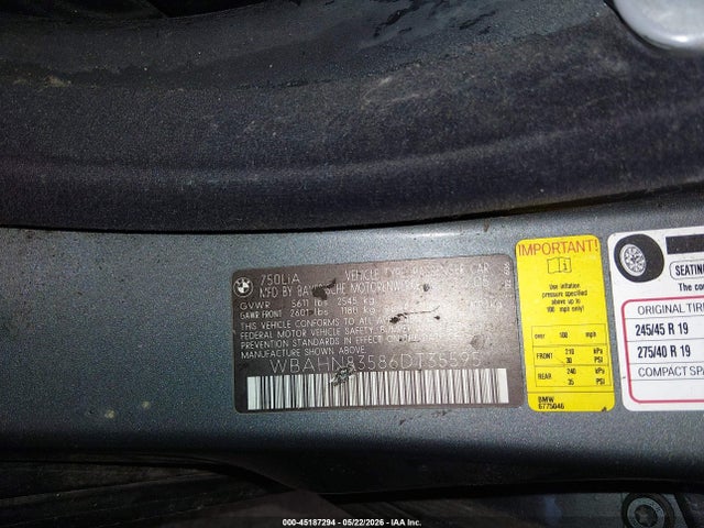 45187294 :رقم المزاد ، WBAHN83586DT35595 vin ، 2006 Bmw 750li مزاد بيع